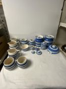 TWO TG GREEN BLUE AND WHITE STORAGE JARS AND OTHER MAKES JUGS, POTS AND JARS.