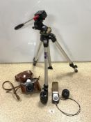 MIXED CAMERA AND ACCESSORIES INCLUDES PRAKTICA V.F AND LENSES;SOME CASED AND TELESCOPIC STAND