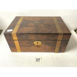 VICTORIAN WALNUT BRASS BOUND WRITING BOX, FITTED INTERIOR.