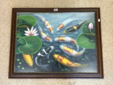 OIL ON BOARD OF KOI FISH, INDISTINCTLY SIGNED, AND IN A MODERN FRAME, 78X60 CMS.