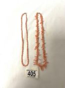 TWO CORAL NECKLACES WITH 9CT STAMPED CLASPS.