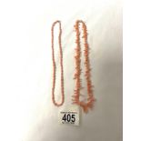 TWO CORAL NECKLACES WITH 9CT STAMPED CLASPS.