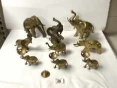 A QUANTITY OF BRASS ELEPHANT ORNAMENTAL FIGURES.