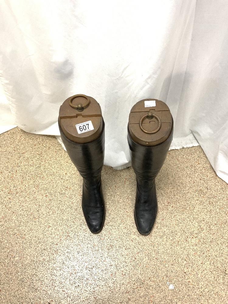 PAIR OF BLACK LEATHER BOOTS WITH VINTAGE WOODEN LASTS