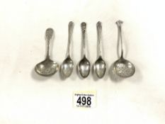 FIVE HALLMARKED SILVER SPOONS INCLUDES TEA CADDY SPOON DATED 1867 AND MORE