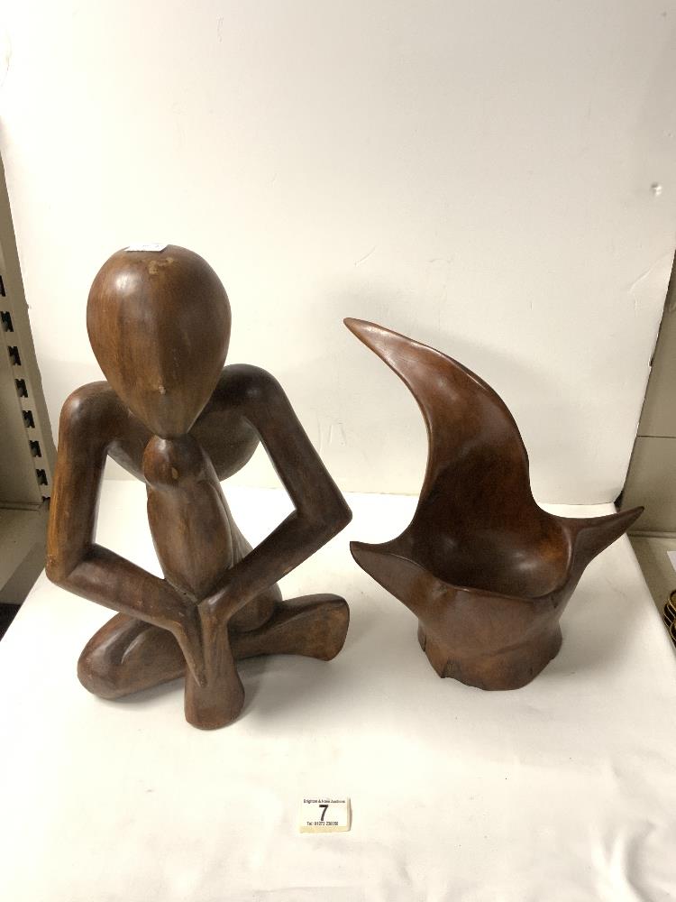 HENRY MOORE STYLE- TWO CARVED WOODEN PIECES LARGEST 43CM
