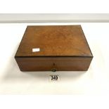 LATE VICTORIAN SATINWOOD FITTED JEWELLERY BOX WITH DRAWER, AND EBONY CROSSBANDED, 28X23 CMS.