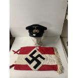 WORLD WAR II MARINE HAT, AND A NAZI SWASTIKA BANNER.