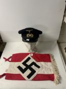 WORLD WAR II MARINE HAT, AND A NAZI SWASTIKA BANNER.