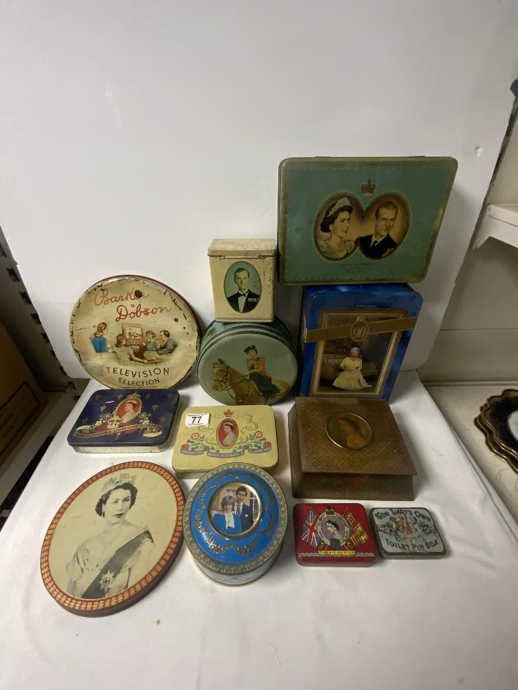 VINTAGE ROYAL COMMEMORATIVE BISCUIT AND TOFFEE TINS, VARIOUS.