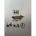 A SEED PEARL BROOCH, THREE PAIRS OF EARRINGS AND A PENDANT.