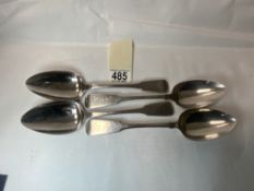 SET OF FOUR GEORGE III HALLMARKED SILVER TABLE SPOONS DATED 1820 BY SOLOMON ROYES 22CM 293 GRAMS