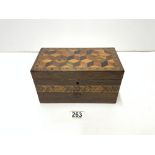 VICTORIAN TUNBRIDGEWARE AND PARQUETRY INLAID ROSEWOOD TEA CADDY.22 CMS.