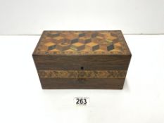 VICTORIAN TUNBRIDGEWARE AND PARQUETRY INLAID ROSEWOOD TEA CADDY.22 CMS.