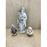 ANTIQUE MARBLE FIGURE OF A SAINT, 74 CMS, PLASTER FIGURE OF MARY AND A BUST OF JESUS.