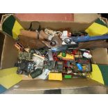 DINKY US JEEP, CORGI TANK, OTHER DINKY AND CORGI VEHICLES, AND OTHER MAKES, TWO TOY RIFLES ETC.