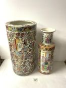 CHINESE CERAMIC CANTON CYLINDRICAL STICK STAND, 46 CMS, AND A SIMILAR VASE.