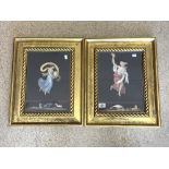 A PAIR OF COLOURED PRINTS OF CLASSICAL FIGURES, AFTER MICHAEL ANGELO, IN GILT FRAMES, 27X38 CMS.