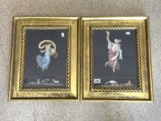 A PAIR OF COLOURED PRINTS OF CLASSICAL FIGURES, AFTER MICHAEL ANGELO, IN GILT FRAMES, 27X38 CMS.