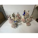 DRESDEN PORCELAIN LACE WORK GROUP OF LADY AND GENT DANCING, 21 CMS, AND 6 OTHER SIMILAR FIGURES [