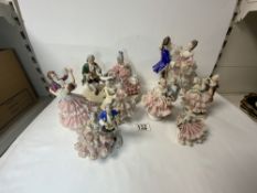 DRESDEN PORCELAIN LACE WORK GROUP OF LADY AND GENT DANCING, 21 CMS, AND 6 OTHER SIMILAR FIGURES [