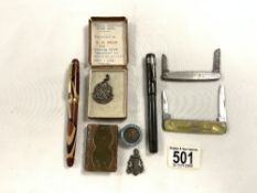 TWO FOUNTAIN PENS,TWO PEN KNIVES,BRASS AND COPPER LIGHTER AND SILVER FOBS