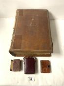 ANTIQUARIAN LEATHER BOUND BOOK - JOURNEYS MOSES, THREE POCKET HYMM BOOKS AND DICTIONARY.