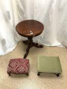 A VICTORIAN STYLE MAHOGANY OCCASIONAL TABLE ON CARVED TRIPOD BASE, 50X60 CMS, AND TWO SMALL FOOT
