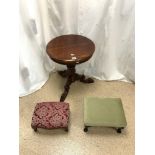 A VICTORIAN STYLE MAHOGANY OCCASIONAL TABLE ON CARVED TRIPOD BASE, 50X60 CMS, AND TWO SMALL FOOT