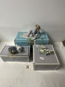 THREE LLADRO FIGURES - GIRL AND DUCK, LITTLE DUCKS AFTER MOTHER, AND DUCKLING, ALL WITH BOXES.