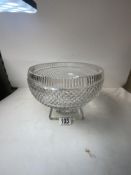 A HEAVY VICTORIAN HOB NAIL CUT GLASS PEDESTAL PUNCH BOWL ON SQUARE BASE, 22 CMS DIAMETER.