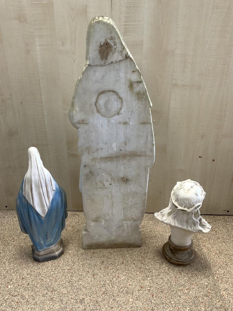 ANTIQUE MARBLE FIGURE OF A SAINT, 74 CMS, PLASTER FIGURE OF MARY AND A BUST OF JESUS. - Image 3 of 3