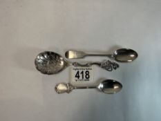 TWO HALLMARKED SILVER TEASPOONS AND A DANISH SILVER 830S SPOON, 55GMS.