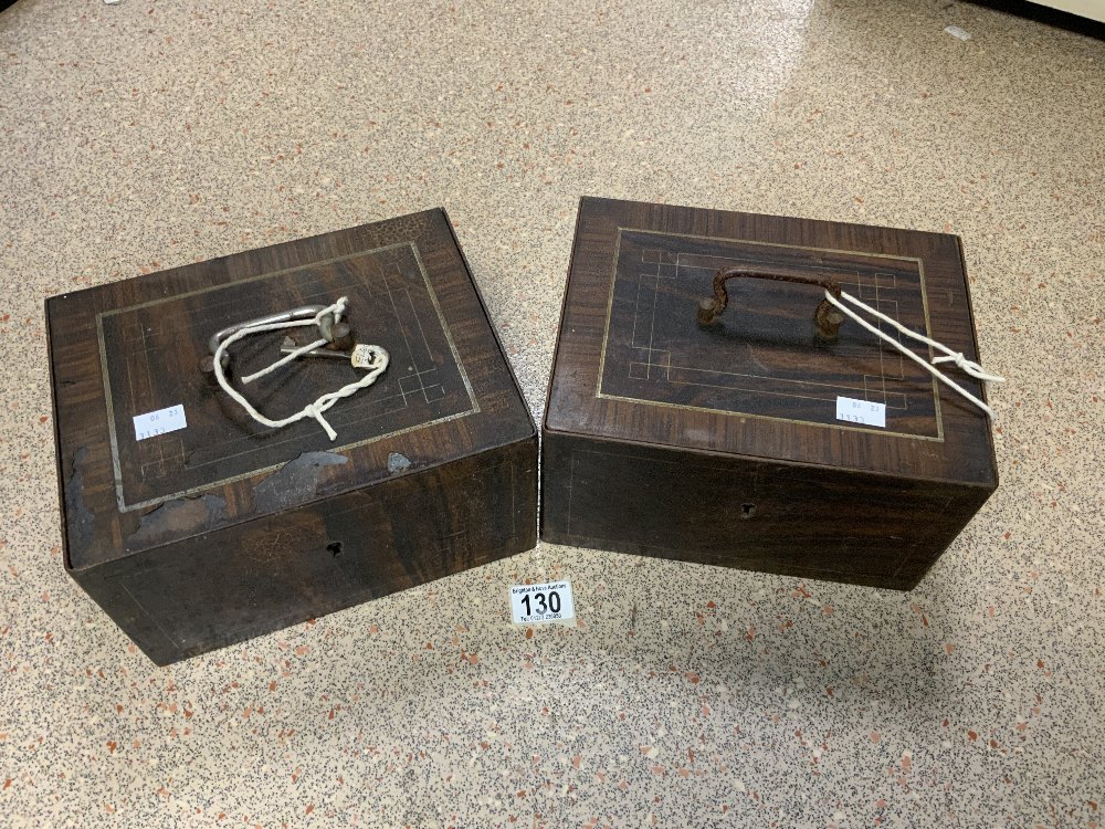 TWO VINTAGE METAL SAFE BOXES WITH ELECTRIC ALARMS.