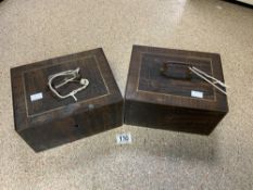 TWO VINTAGE METAL SAFE BOXES WITH ELECTRIC ALARMS.