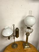 VICTORIAN STYLE BRASS STUDENTS LAMP WITH OPAQUE SHADE, 54CM WITH A LATE VICTORIAN BRASS CORINTHIAN