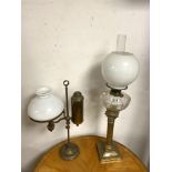 VICTORIAN STYLE BRASS STUDENTS LAMP WITH OPAQUE SHADE, 54CM WITH A LATE VICTORIAN BRASS CORINTHIAN