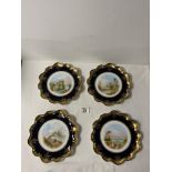 SET OF FOUR 19TH-CENTURY AYNSLEY PORCELAIN DESSERT PLATES WITH PAINTED LANDSCAPES, WITHIN BLUE AND