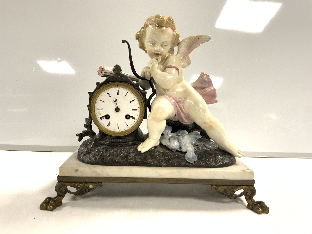 A 19TH-CENTURY FRENCH SPELTER AND GLAZED POTTERY MANTEL CLOCK WITH DRUM MOVEMENT, FLANKED BY A - Image 2 of 7