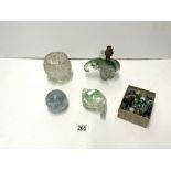 GLASS ELEPHANT TABLE LAMP, TWO GLASS PAPERWEIGHTS, GLASS BOWL AND MARBLES.