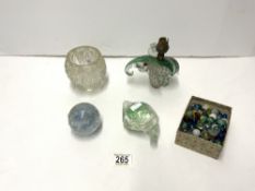 GLASS ELEPHANT TABLE LAMP, TWO GLASS PAPERWEIGHTS, GLASS BOWL AND MARBLES.