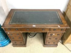 VINTAGE MAHOGANY KNEEHOLE DESK WITH GREEN TOOLED LEATHER A/F