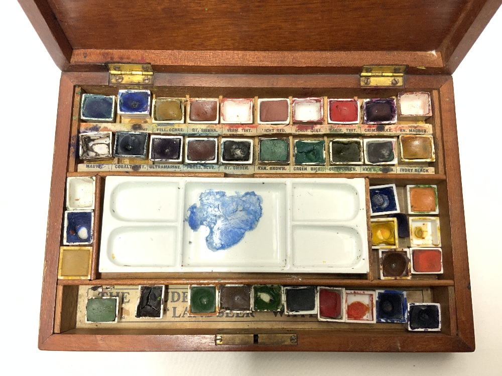 VICTORIAN MAHOGANY LANDSEER ARTISTS PAINT BOX AND PAINTS. - Image 2 of 5