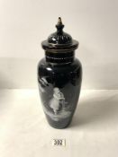 MARY GREGORY BLACK GLASS LIDDED VASE DECORATED WITH A YOUNG LADY BEING THOUGHTFUL 37CM