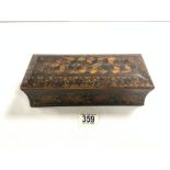 VICTORIAN TUNBRIDGE WARE AND PARQUETRY INLAID GLOVE BOX, 26 CMS. A/F.