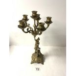 ORNATE BRASS 6-BRANCH FIGURAL SUPPORT CANDELABRUM, 42 CMS.