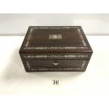 A VICTORIAN MOTHER O PEARL INLAID ROSEWOOD VANITY BOX, WITH FITTED INTERIOR.