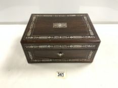 A VICTORIAN MOTHER O PEARL INLAID ROSEWOOD VANITY BOX, WITH FITTED INTERIOR.