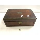 VICTORIAN BRASS BOUND ROSEWOOD WRITING BOX, WITH FITTED INTERIOR, [ SOME BRASS INLAY MISSING ],