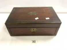 VICTORIAN BRASS BOUND ROSEWOOD WRITING BOX, WITH FITTED INTERIOR, [ SOME BRASS INLAY MISSING ],